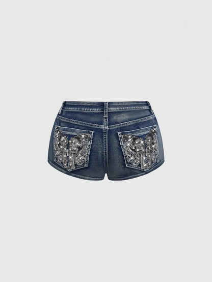 Low Rise Distressed Denim Shorts Female Jeans Womens Jeans Shorts Vintage Y2K Punk Style Embroidered Hot Pants
