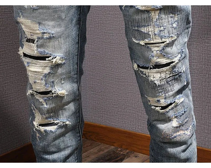 Street Fashion Men Jeans Retro Blue Stretch Slim Fit Hole Ripped Jeans Men Patched Designer Hip Hop Vintage Denim Pants Hombre