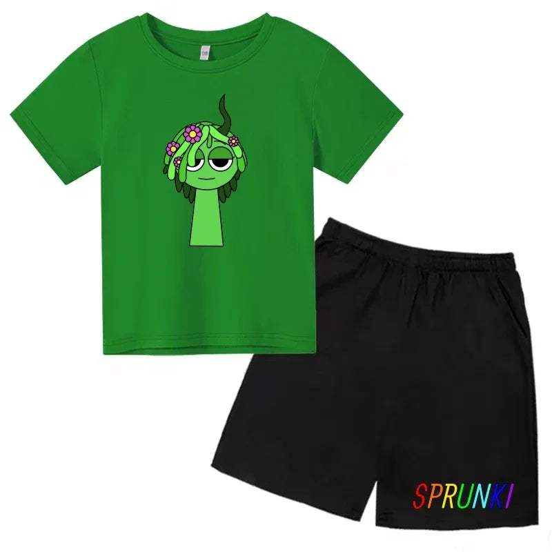 2026 Sprunki Kids T-Shirt + Shorts Set, Boys Girls Cartoon Game Printed Cotton Short Sleeve 2Pcs Summer Casual Outfit