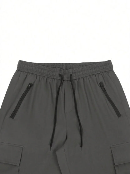 Men's 3/4-Length Cargo Shorts — Woven Twill Fabric, Multi-Pocket Casual Trousers. Non-Stretch Adult Apparel for Summer