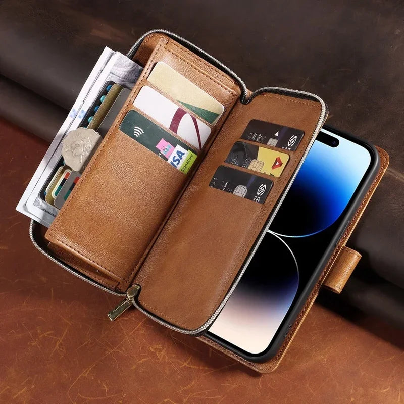 Double Layer Zipper Wallet Case with 9 Card Slots for iPhone 16 16E Pro Max 15 14 Plus13 12 Pro Max PU Leather Flip Cover