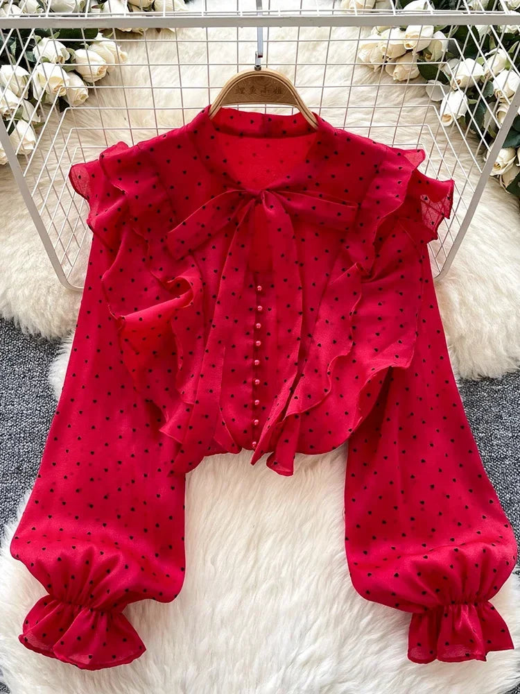 French Sweet Long Sleeved Blouse Women's Clothing Spring Autumn Bow Ruffle Edge Polka Dot Printed Chiffon Shirt Top C42
