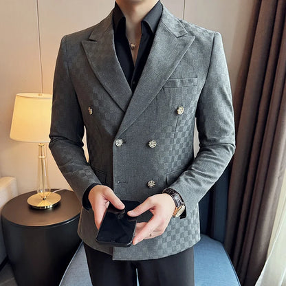 6 Color Fashion Double Breasted Plaid Suit Jacket Luxury Men Slim Fit Business Social Wedding Formal Suit Coats Plus Size 5XL-M