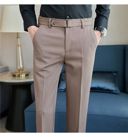 Fashion Belt Decoration Design Men's Suit Pants High Quality Business Slim Fit Casual Straight Formal Wedding Party Trousers
