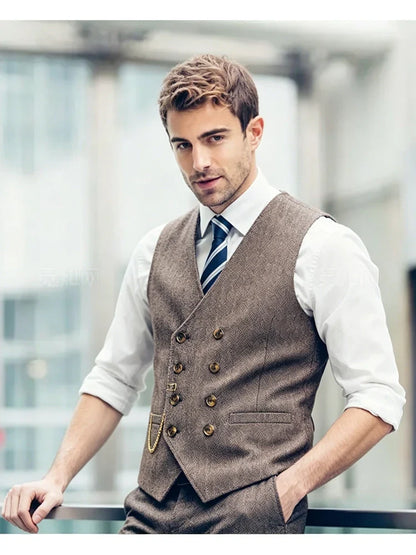 Men Retro British Tweed Double Breasted Suit Vest Plus Size V Neck Herringbone Formal Waistcoat Fashion Outer Vest with Pocket