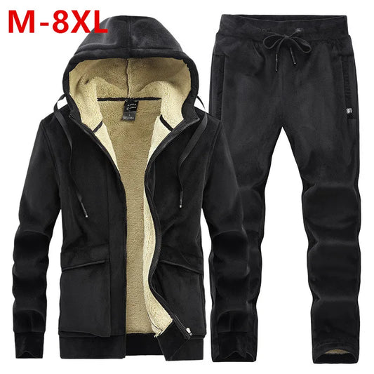 Mens Fleece Warm Tracksuit Male Winter Warm Hooded Fashion Sets Mens Hoodies + Pants Sportswear Sets WinterThick Set