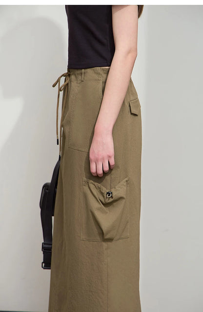 Minimalist Women Clothing Skirt 2025 Autumn New Casual Loose Multi-pocket Drawstring Elastic Waist Long Skirt 12522020