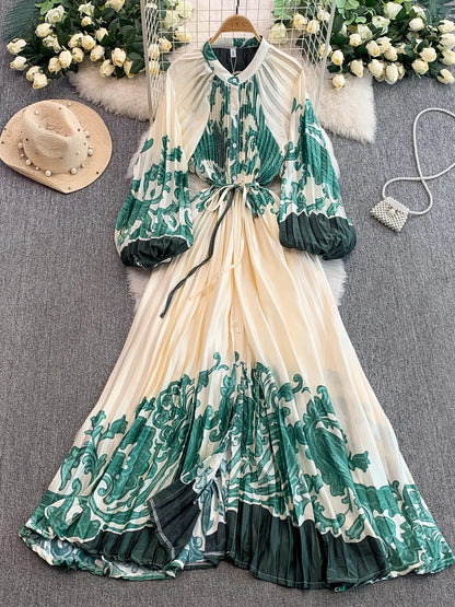Ele Printed round Ne Lantern Sve Dr Women's Single Button Waist Cinch Maxi Skirt Long Dr Commute Sle Autumn