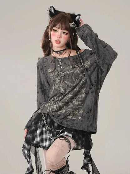 Harajuku Kawaii T-Shirt Women Sweet Japanese Gothic Subculture Loose Letter School Student Tees Long Sleeve Top Spring Outwear