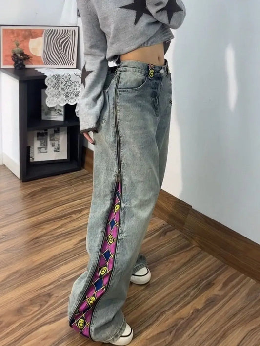 American Sle Zipper Plaid Printed Patchwork Loose Jeans For Men And Women Fashion High Waist Casual Vintage Straight Jeans