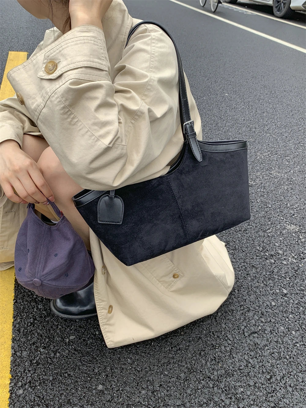 2026 Autumn Retro Suede Shoulder Bags for Women Faux Patchwork PU Underarm Armpit Bag Work Travel Casual Street Designer Handbag