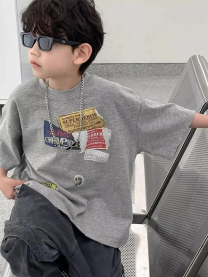 2026 Summer New Vintage Korean Boys T-Shirt Crew Neck Kids Tweens Casual Stylish Breathable Cotton Top