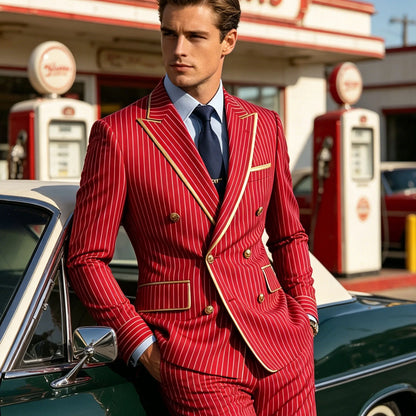 Men's Pinstripe Blazer Double Breasted Slim Fit Peaked Lapel With Gold Trim Formal Suit Jacket  For Groomsman Wedding Prom Hot