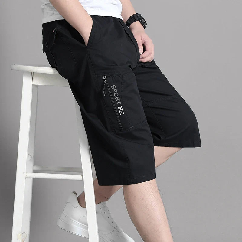 Men Cropped Cargo Shorts Men's Casual Sports Pants Zipper Pocket Summer Cotton Shorts Running Jogger Shorts Elastic Waist