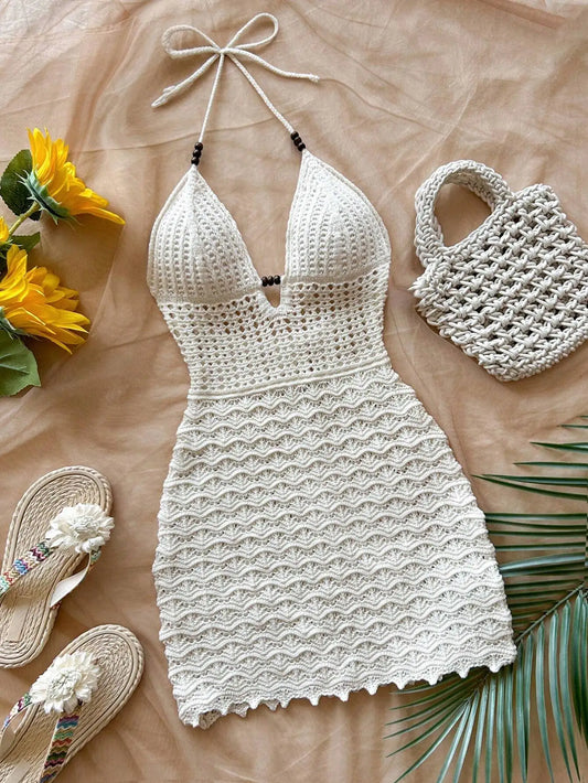 Soleia Summer Sexy V-Neck Hollow-Out Wooden Beads Fitted Dress, Vacation Spaghetti Strap Backless Ombre Knitted Dress, Suitable