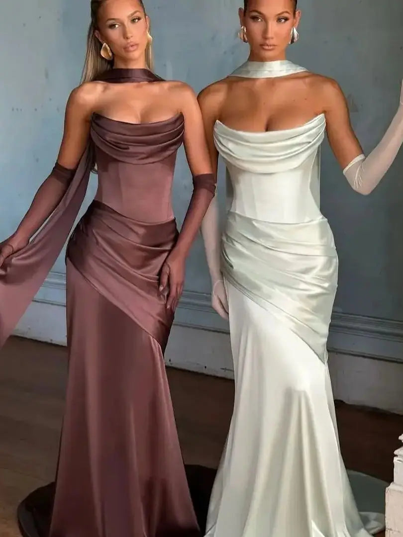 Elegant Strapless Women's Evening Dress 2026 Scarf Mermaid Pleated Women Party Dress Sweep Train Ribbons Formal Gowns Customized
