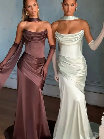 Elegant Strapless Women's Evening Dress 2026 Scarf Mermaid Pleated Women Party Dress Sweep Train Ribbons Formal Gowns Customized