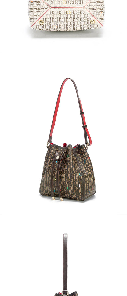 Letter Print Drawstring Opening Classic Women's Shoulder Bag Fashion Printed Bucket Bag Women's Vintage Crossbody Bag