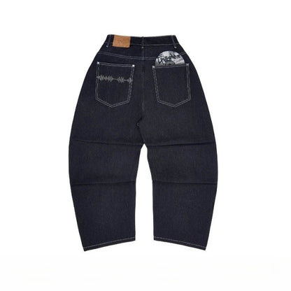 Y2K HipHop Chic Denim Jeans Trendy Disc Embroidered Pattern Retro Straight Leg Pants Casual Simple Streetwear Unisex Baggy Jeans
