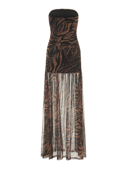 Women Tube Top Dress Slim Strapless Backless Mesh Patchwork Tropical Print High Slit Long Dress for Party Club Night