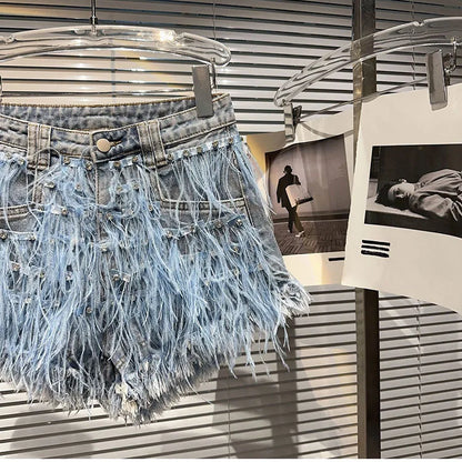 Summer Street Hot Girls Short Jeans Female Chic Feather Diamond Denim Shorts Women Retro Washed Hot Pants Sexy Night Club Shorts