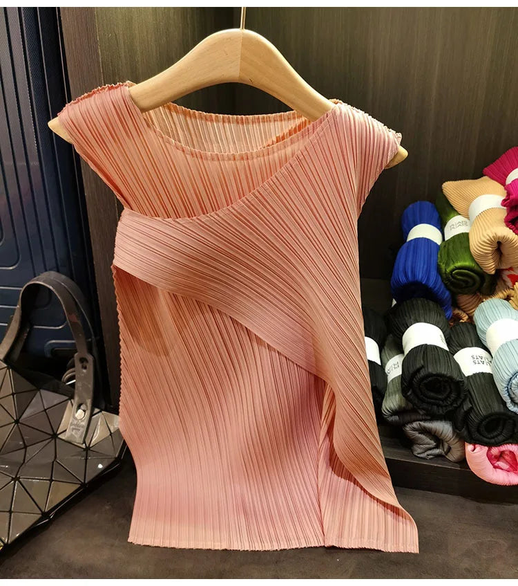 Sleeveless T-shirt Miyake Pleated Summer New Round Neck Slim Thin Versatile Irregular Women's Undershirt Tops Multiple Ways Wear