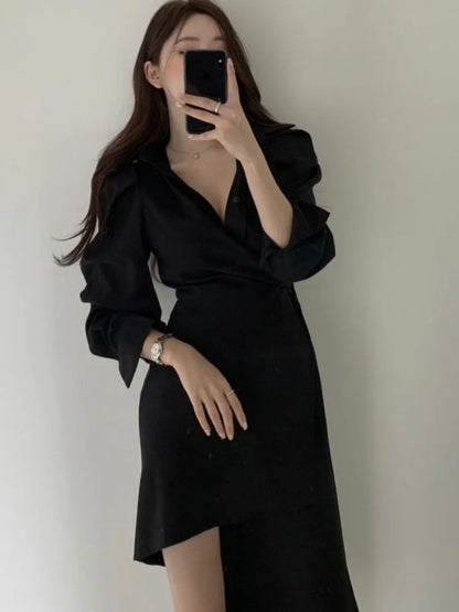 Early Autumn Shirt Dress Women's Mid-Length Asymmetrical Single-Button Notch Collar Slimming Style Commute Fashion