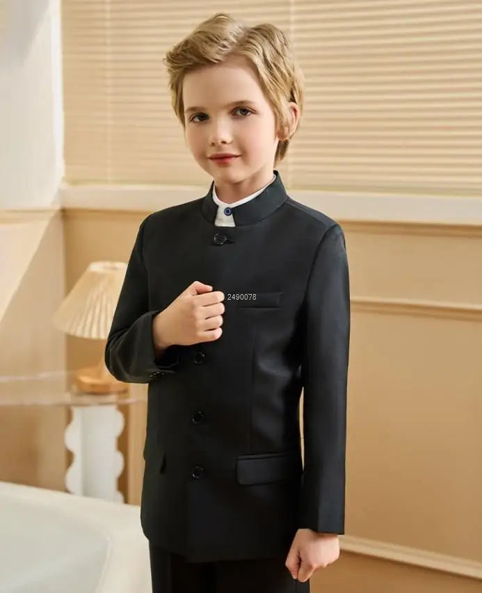 Children White Baptism Suit Boys Black 007 Suit School Student Graduation Class Dress Kids Formal Chinese Style Chorus Dress