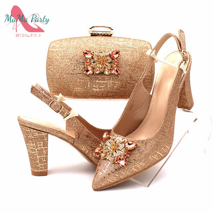 Nigerian Women Shoes and Bag Set in Gold Color High Quality New Arrivals Classics Style for Garden Party