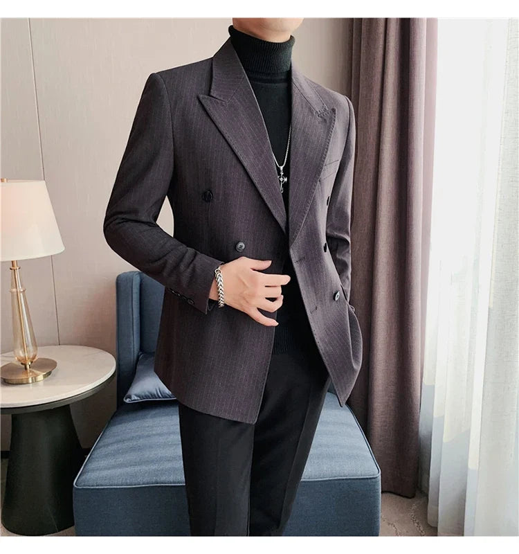 Classic Luxury Striped Men Suit Jacket Fashion Double Breasted Business Office Wedding Tuxedos Male High Quality Slim Fit Blazer