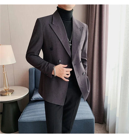 Classic Luxury Striped Men Suit Jacket Fashion Double Breasted Business Office Wedding Tuxedos Male High Quality Slim Fit Blazer
