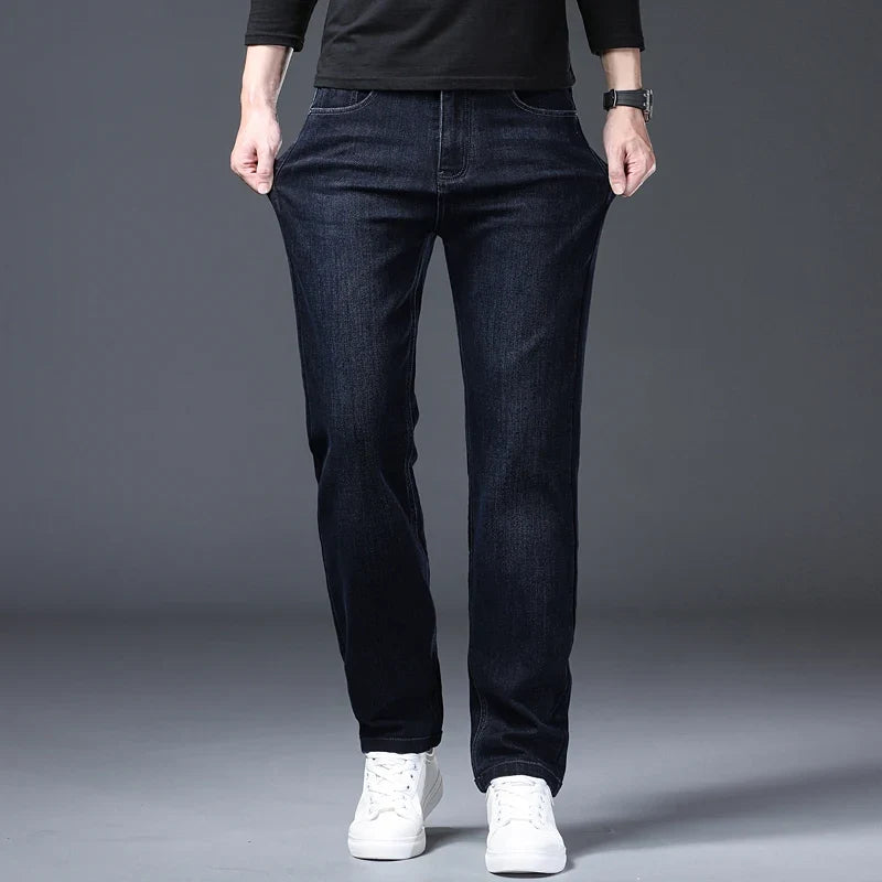 Classic Straight Men's Jeans Spring Slightly Thick Elastic Casual Office Business Trousers Fashion Comfort Washed Denim Pants