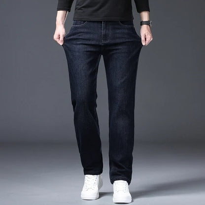 Classic Straight Men's Jeans Spring Slightly Thick Elastic Casual Office Business Trousers Fashion Comfort Washed Denim Pants