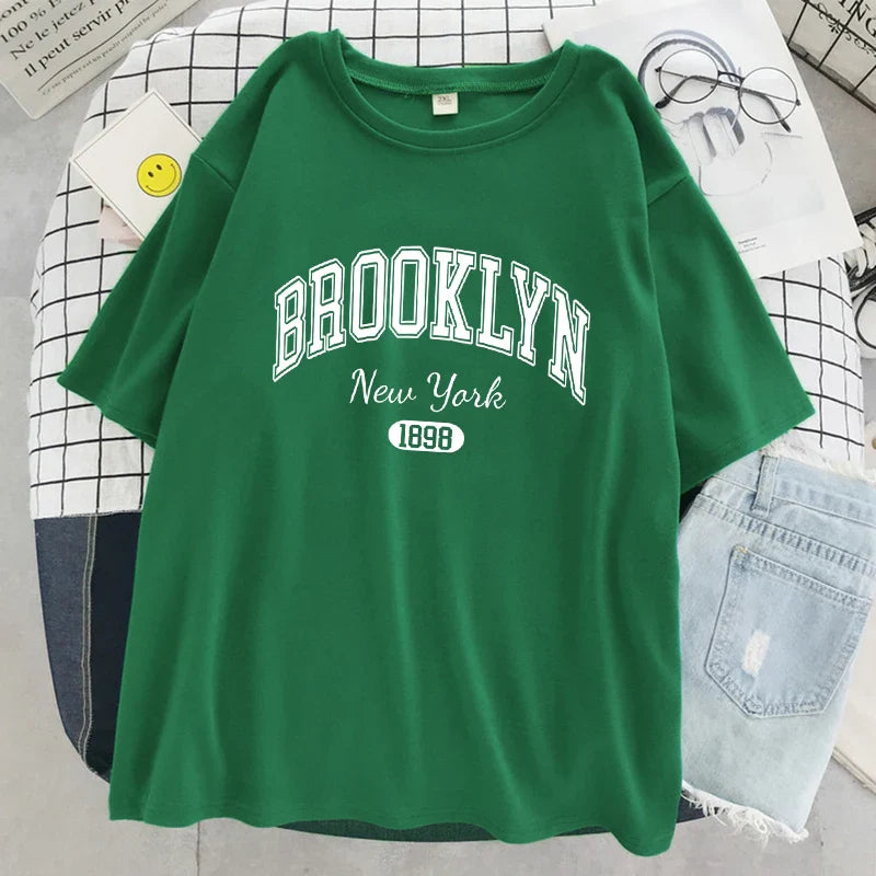 Brooklyn New York 1898 City Letter Print Female T-Shirt Street Breathable Tops Oversized Clothes Comfortable O-Neck Short Sleeve