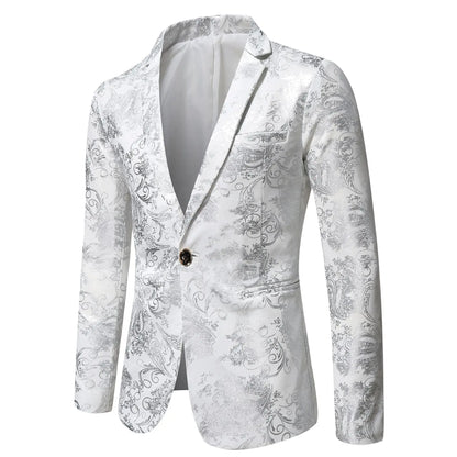 Men's Slim Fit Print Blazer Jacket 2025 Fashion Handsome Business Casual Silver Stage Show Suit Small Menswear