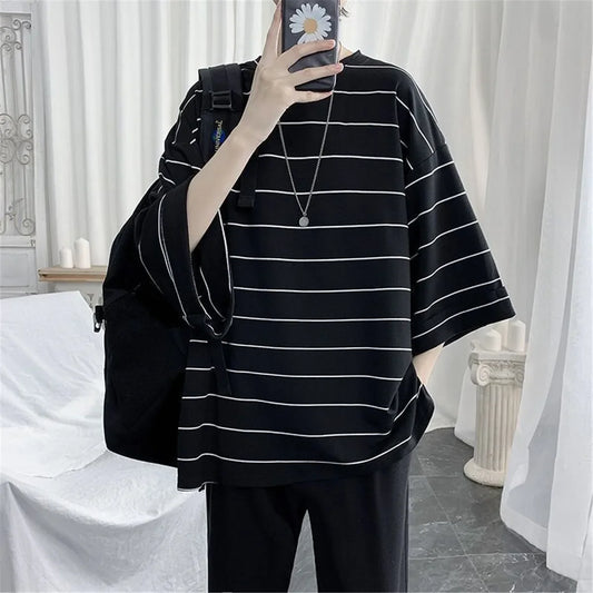 2026 Summer Oversized T-Shirt Men Funny Harajuku Tshirt Streetwear Femme Striped Japan Hip Hop Loose Half Sleeve T Shirts Male