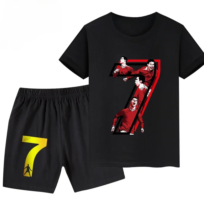 Summer Ronaldo Printed Children's Set Short-sleeved Shorts Suit Sports Kid T-shirt 2-piece Set Street Fashion Boys Baby Clothing