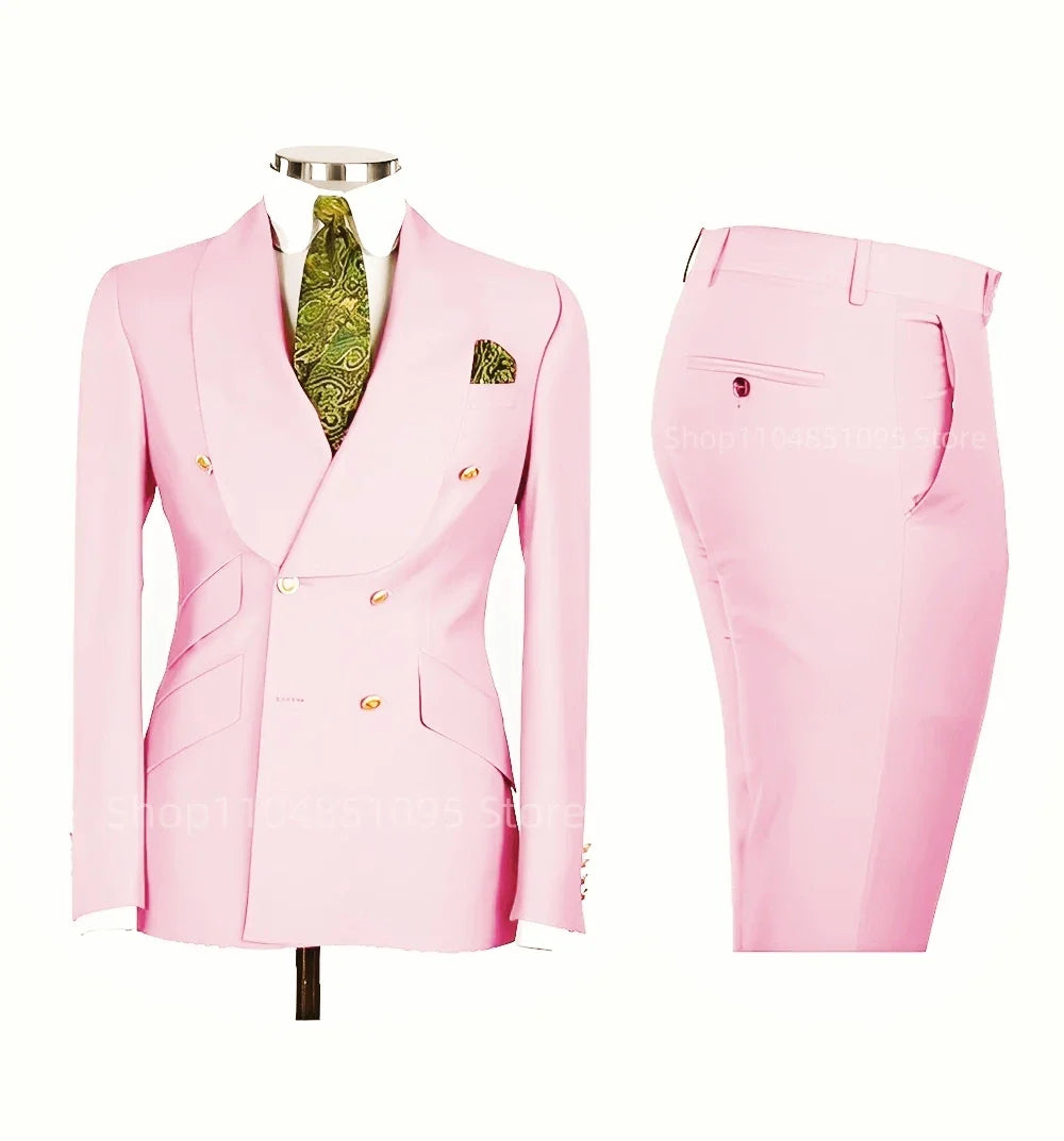 Smart Casual Solid 2 PCS Men Suits Formal Groom Tuxedos Shawl Lapel Double Breasted Jacket Pants Business/Wedding Suits Set