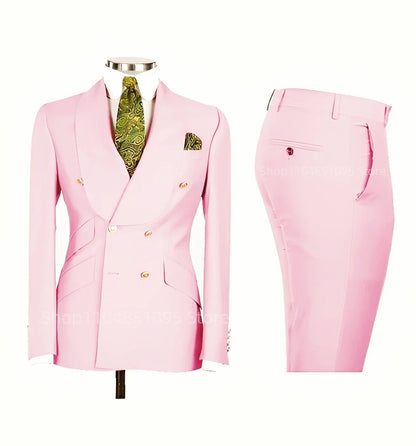 Smart Casual Solid 2 PCS Men Suits Formal Groom Tuxedos Shawl Lapel Double Breasted Jacket Pants Business/Wedding Suits Set