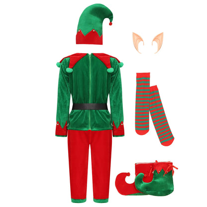 Boys Christmas Elf Costume Xmas Santa Clause Set with Shirt Pants Hat Elf Ears Belt Stockings Festivals New Year Fancy Dress Up