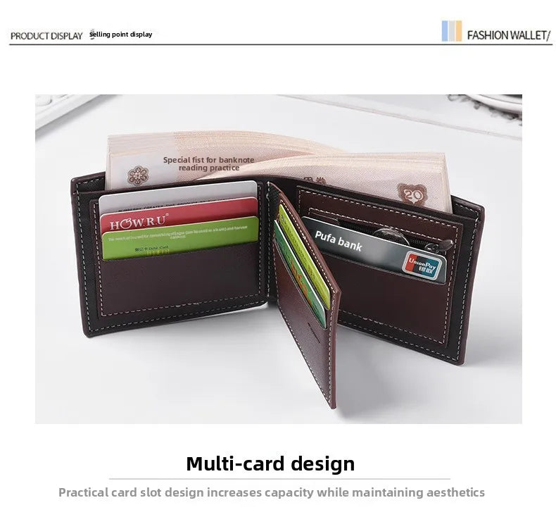 New men's frosted large capacity wallet, business triple fold thin zipper, soft leather wallet, short wallet