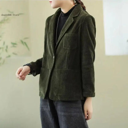 Female Loose Casual Office Ladies Spring Autumn Blazer Jacket Women Korean Long Sleeve Corduroy Suit Coat