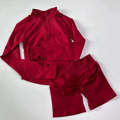 2pcs Long Sleeve Yoga Set Women Half Zippy Jacket Longline Sports Top Gym Shorts Fitness Suits Running Coats Workout Set