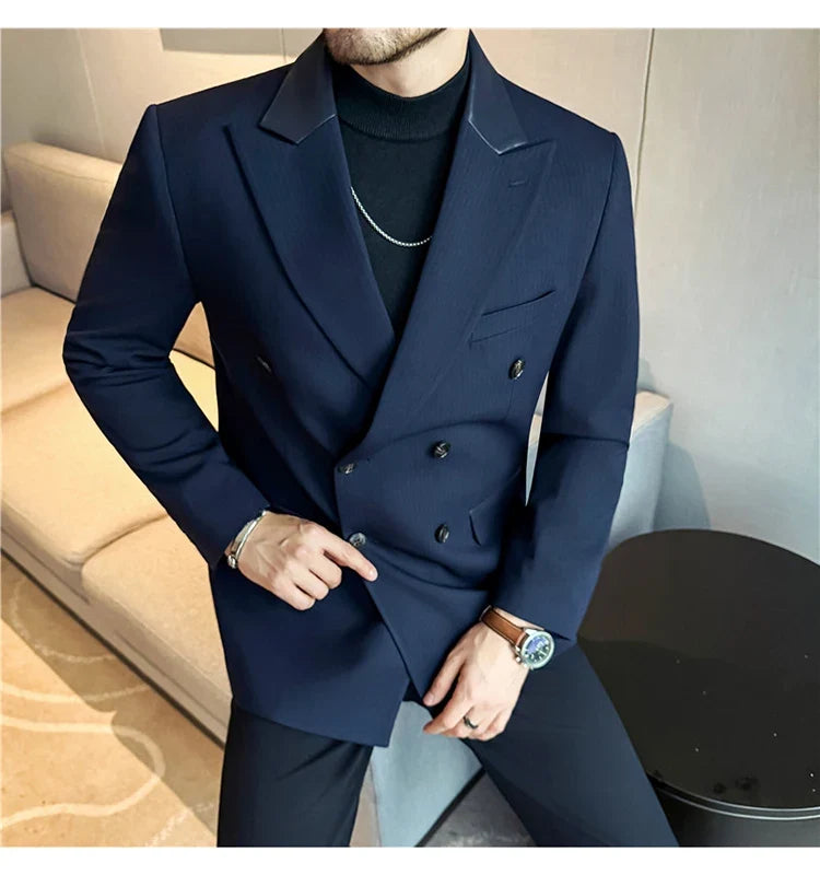 (1 Pcs Jackets) New Thicken Thicken Striped Casual Suit Jacket Fashion Splicing Leather Neck Men's Business Slim Blazers Tuxedos