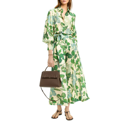 2025 Dresses Women's New Belted Chiffon Print V-neck Chic Slim Long Dress Fashion Elegant Holiday Street Women's Dress