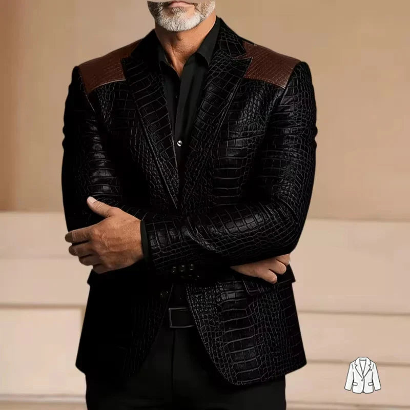 Men's Blazer Crocodile Embossed Leather Suit Jacket Shoulder Patch Notch Lapel Two Button Sport Coat Business Casual Flap Pocket