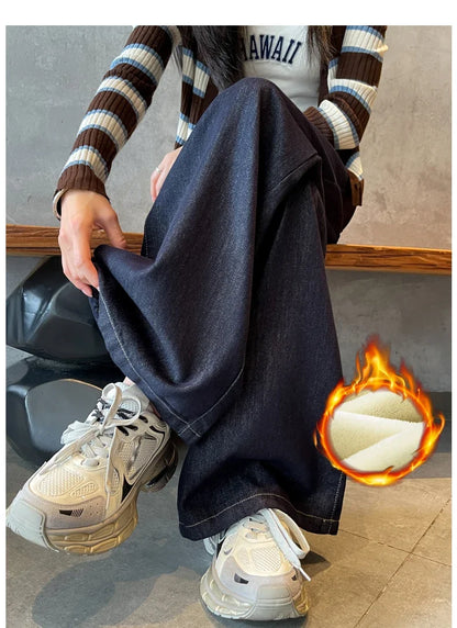 Wide Legs Fleece Jeans Women Winter Loose Velvet Casual Pants Comfortable Warm Straight Fashion Pocket Plush Denim Trousers