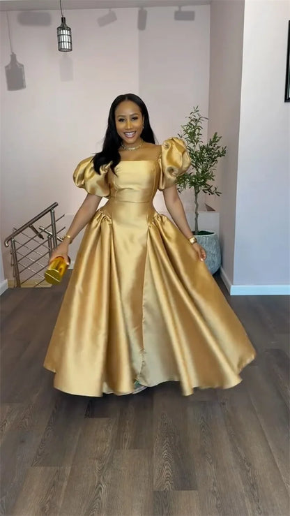 Elegant Dress for Women's Puff Sleeve Square Collar Gold Solid Pleated A-line Evening Party Cocktail Maxi Dresses