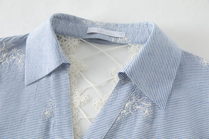 Summer Garden Embroidery Heavy Striped Shirt Women 2025 Summer New Back Hollow Top 25FS12883