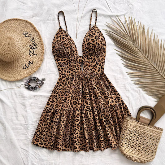 4-Color Leopard Printed Sexy Camisole Dress Women Sleeveless Backless Mini Dress Summer Vacation Dresses